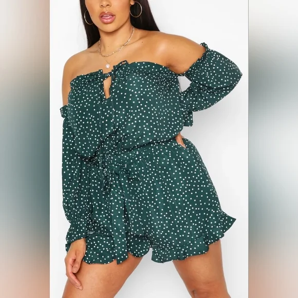 Boohoo | Dresses | Nwt Boohoo Plus Polka Dot Bardot Ruffle Playsuit Green  White Size 2 | Poshmark